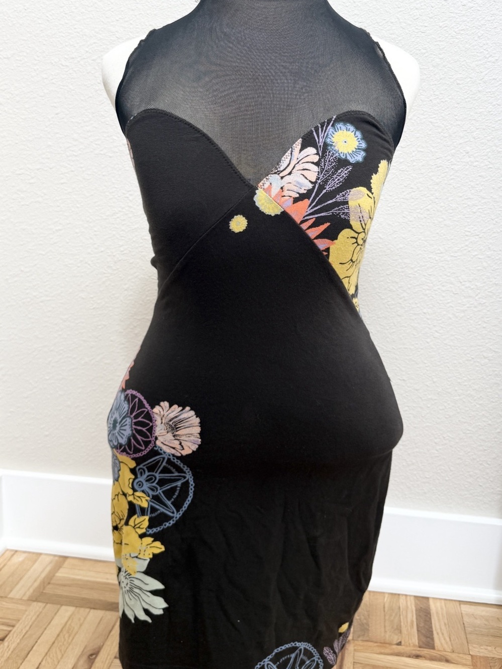 Free People Ikebana Bodycon Mini Dress Black Mesh Sheer Y2K Open Back High Neck - Picture 4 of 9